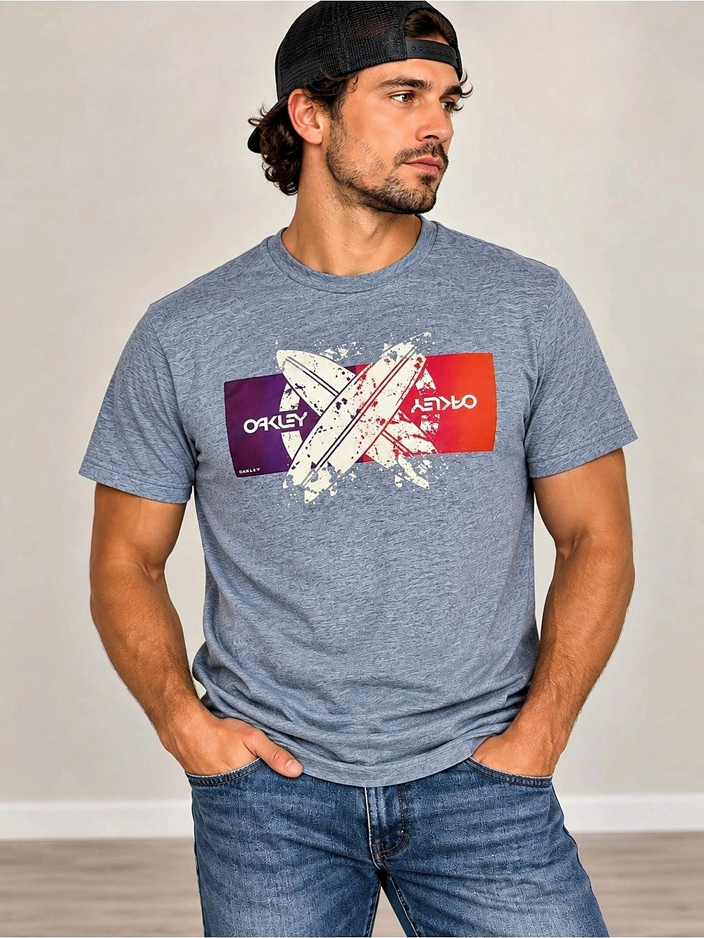 OAKLEY Y2K Crossed Surfboards Graphic T-Shirt Gray Size L